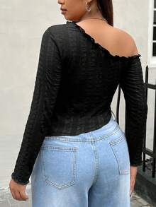 SHEIN EZwear Plus Asymmetrical Neck Lettuce Trim Tee - Black - View 2