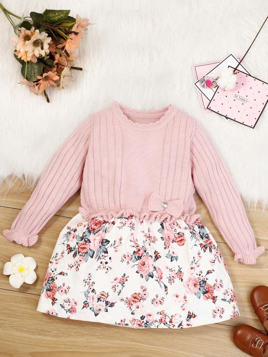 SHEIN Cô Gái Trẻ In hoa Nơ mặt trước tay áo lá sen 2 trong1 Đầm Áo len - Màu Xám nhạt - Xem 1