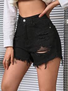 Ripped Raw Hem Denim Shorts - Black - View 4