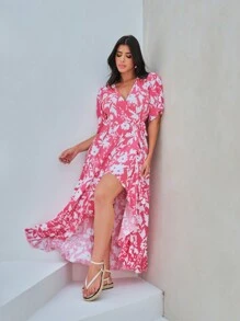 SHEIN In Toàn bộ áo tay bướm Viền không đối xứng Đầm - Hồng - Xem 1