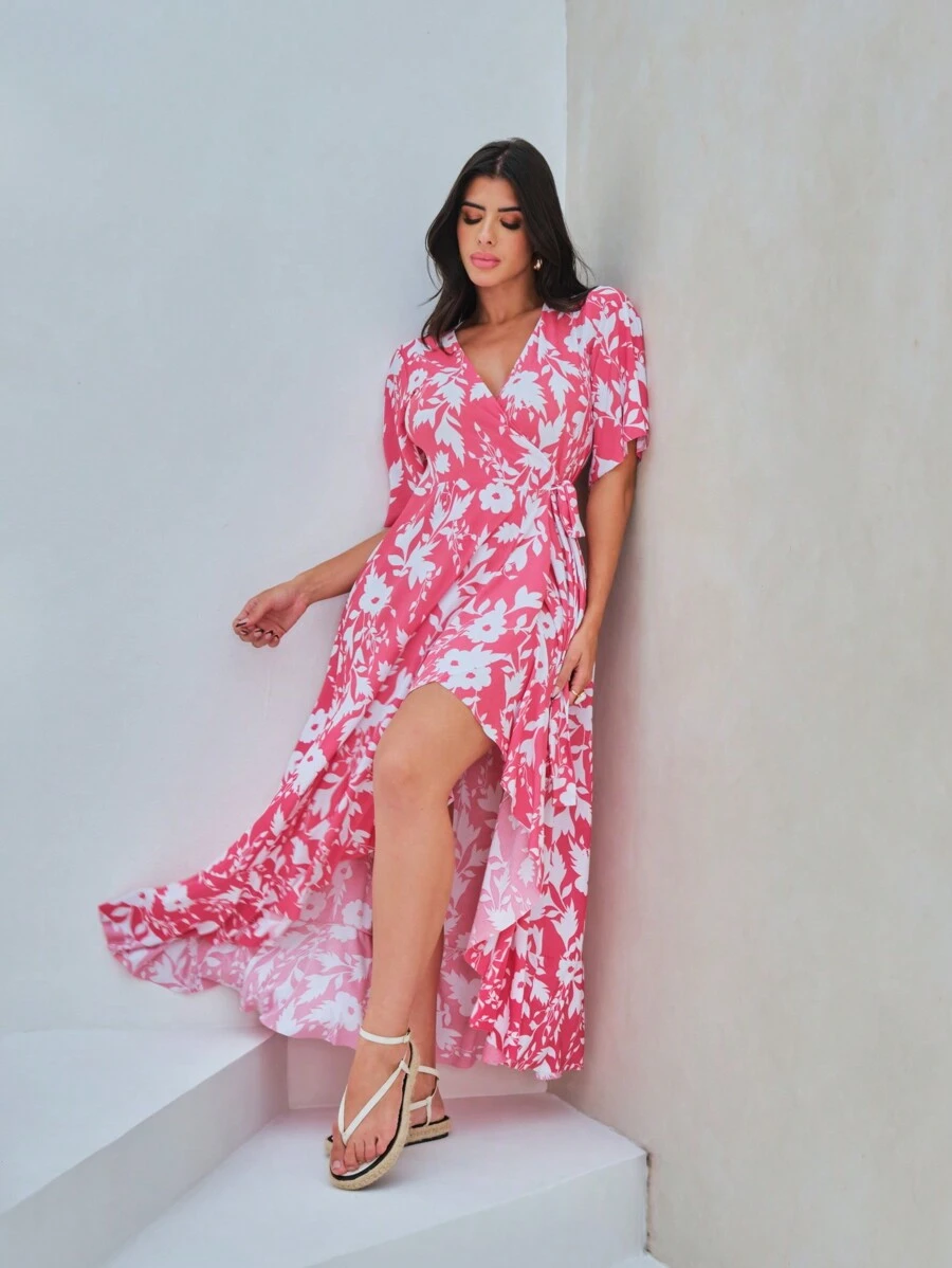 SHEIN In Toàn bộ áo tay bướm Viền không đối xứng Đầm - Hồng - Xem 1