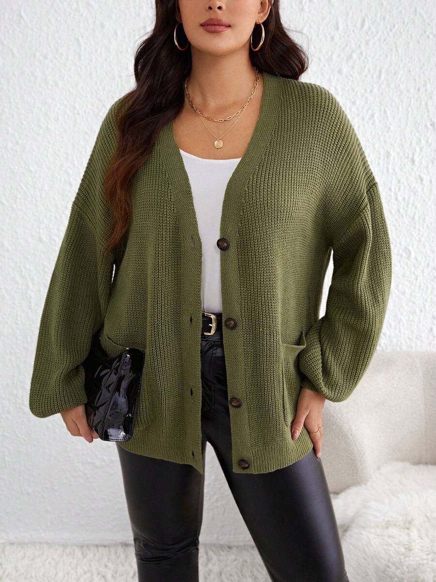 SHEIN Unity 大碼落肩袖口袋貼布開襟衫 - 軍綠色 - 查看 1