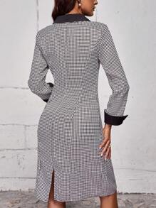 SHEIN LUNE Houndstooth Print Contrast Collar Double Breasted Dress - Black and White - View 2