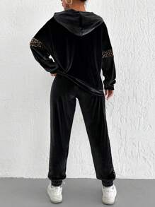 EURMUSE Women's Leopard Print Hooded Sweatshirt And Pants Set - Black - View 2