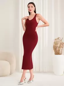 Modelyn Burgundy Red Solid Bodycon Sweater Dress & Cardigan - Burgundy - View 4