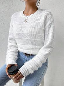 SHEIN Essnce 落肩袖毛茸茸拼塊套頭毛衣 - 白色 - 查看 1