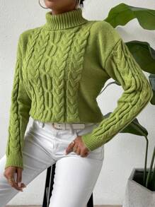 SHEIN Essnce 高領麻花編織落肩袖套頭毛衣 - 綠色 - 查看 5