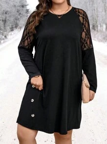 SHEIN CURVE+ 大碼蕾絲拼接插肩袖紐扣細節直筒洋裝 - 黑色 - 查看 3