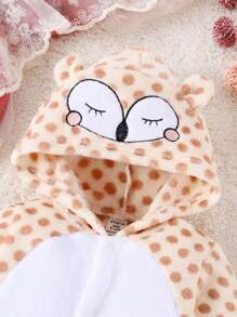 女嬰圓點與卡通刺繡 3d 耳朵設計連帽法蘭絨連身褲 - 杏色 - 查看 5