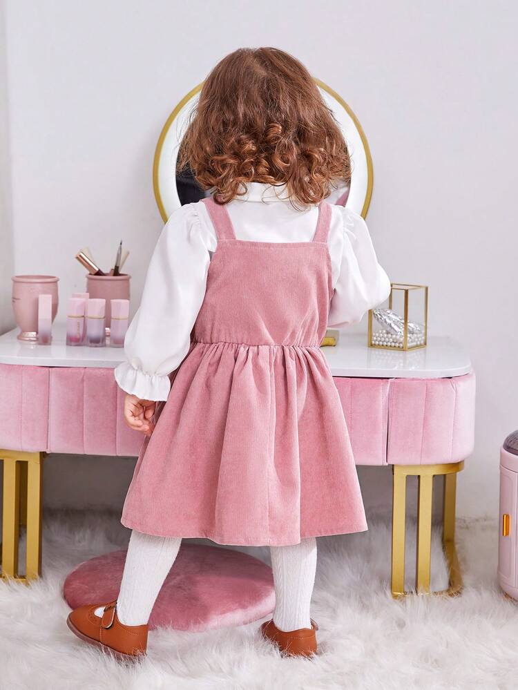Baby Girl Bear Embroidery Flare Sleeve Blouse & Overall Dress