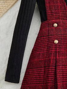 Tween Girl Knitted Solid Color Turtleneck Top With Plaid Suspender Dress Set - Red - View 5
