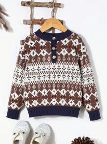 SHEIN Young Boys Casual Geometric Patterned Sweater With Button Decor - Multicolor - View 1