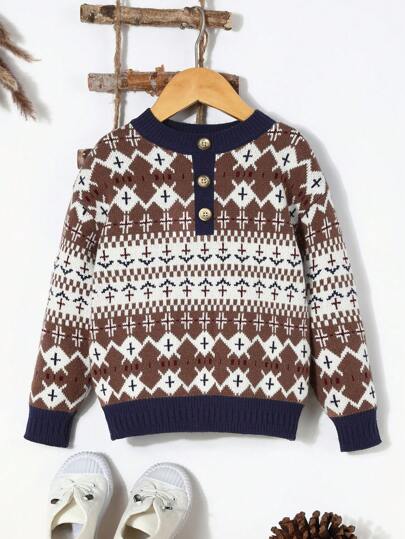 SHEIN Toddler Boys' Casual Geometric Patterned Sweater With Button Decor