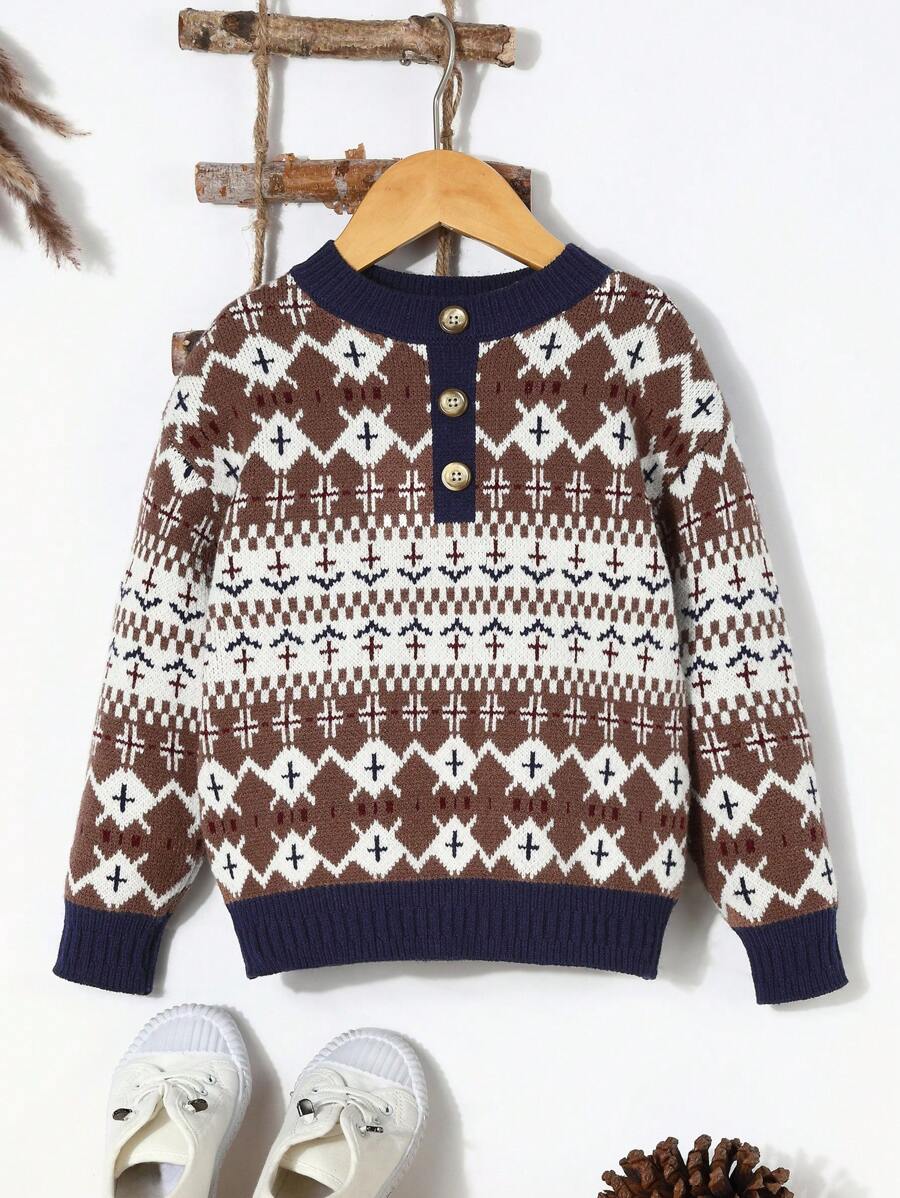 SHEIN Young Boys Casual Geometric Patterned Sweater With Button Decor - Multicolor - View 1
