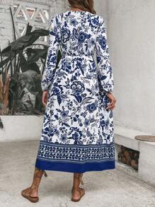 SHEIN VCAY Floral Print Split Thigh Dress - Blue and White - View 2