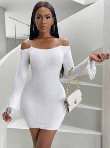 SHEIN Slayr Chain Detail Cold Shoulder Fringe Trim Bodycon Sweater Dress - White - View 1