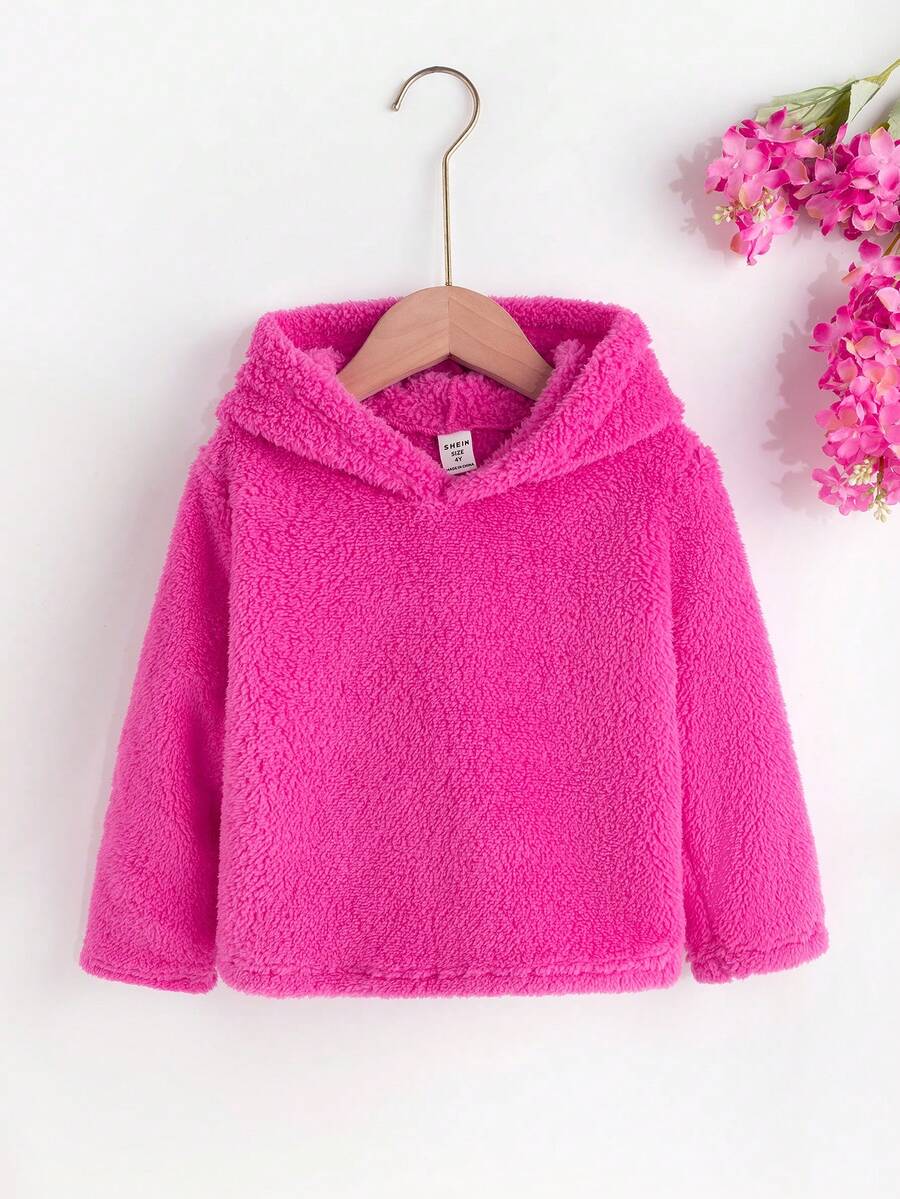 SHEIN Toddler Girls' Solid Color Plush Hoodie - Hot Pink - View 1
