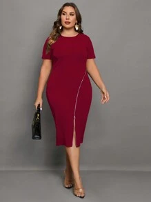 SHEIN Clasi Plus Zip Front Bodycon Dress - Red - View 5