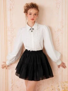 SHEIN MOD 蕾絲邊燈籠袖襯衫不附帶水鑽 - 白色 - 查看 3