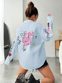 SHEIN EZwear 標語圖案落肩袖弧形下擺襯衫 - 淺藍色 - 查看 1