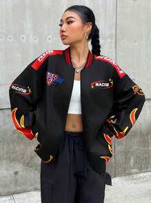 Coolane Car & Letter Graphic Striped Trim Drop Shoulder Bomber Jacket In Fall/Winter - Black - View 2