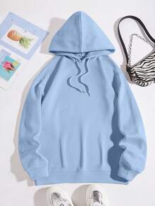 SHEIN Qutie Áo hoodie in chữ và hoạt hình có lót nhiệt - Màu xanh lam - Xem 2