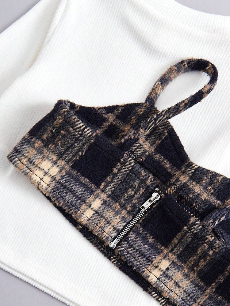 Young Girl Plaid Print Cami Top & Fuzzy Cuff Tee & Flare Skirt