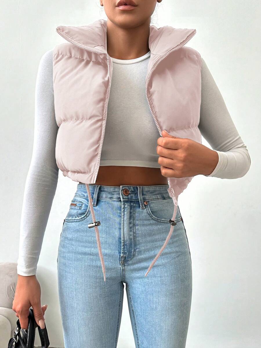 RueChic Drawstring Hem Zipper Vest Puffer Coat - Dusty Pink - View 1