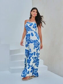 Vestido Largo Con Amarre En La Parte Posterior Y Flores Azules - Azul y blanco - Ver 4