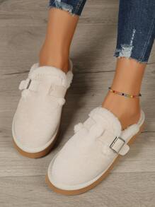 New Arrival Fluffy Slip-On Slippers, Thick Sole Snow Slides With Toe Cover And Plush Lining For Women, Suitable For Fall/Winter,Furry Shoes