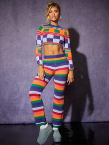 Hauture Geo Striped Crop Sweater & Pants Set - Multicolor - View 5