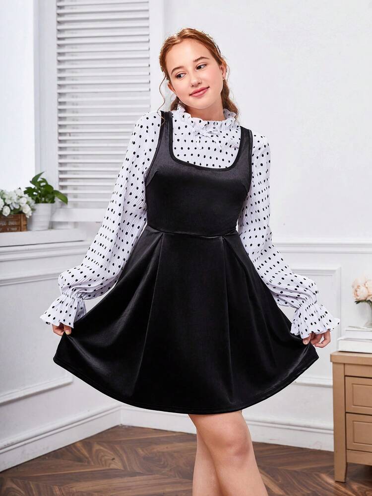 Teen Girl Polka Dot Print Flounce Sleeve Top & Overall Dress