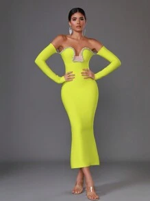 Modphy 性感露肩長袖鑲鑽彈性綁帶長裙 - 芥末黃 - 查看 1