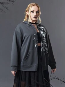 ROMWE Goth Plus Size Figure Graphic Zip Up Drop Shoulder Sweatshirt - Dark Grey - View 4