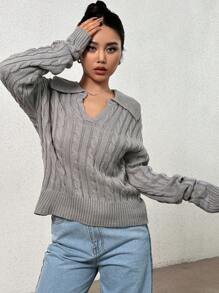 SHEIN Unity 麻花针织落肩套头衫秋冬毛衣 - 灰色 - 查看 5