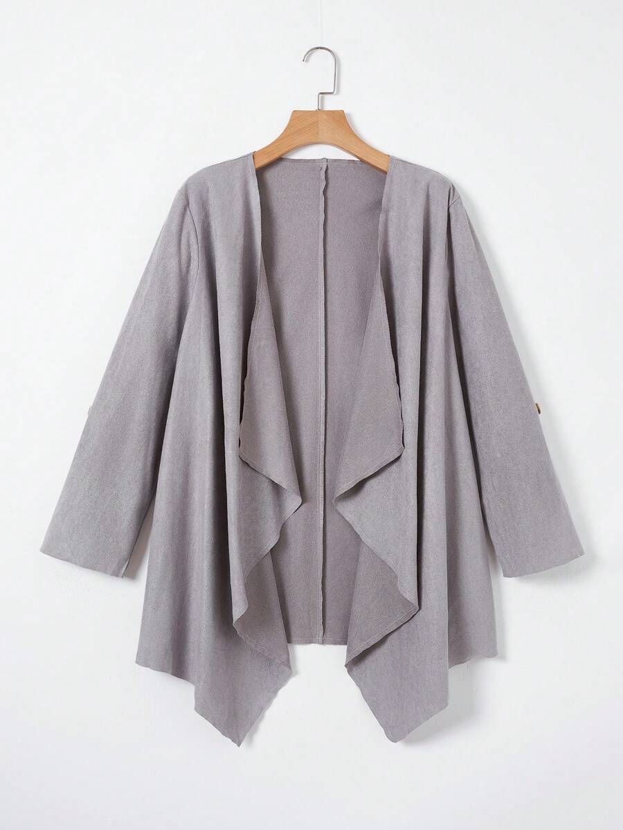 SHEIN LUNE Hơn Cổ áo thác nước Tay áo cuộn Mở Mặt trước áo - Xám - Xem 1