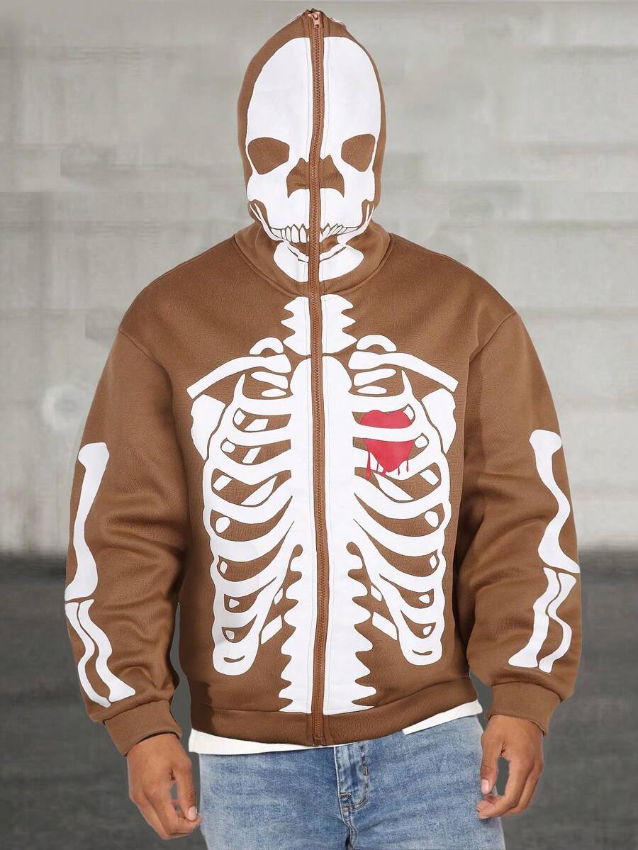 Manfinity Lỏng lẻo phù hợp Nam Bộ xương In Khóa kéo-lên Hoodie - màu nâu - Xem 1
