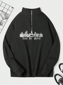 RueChic Men's Letter Print Half Zipper Sweatshirt