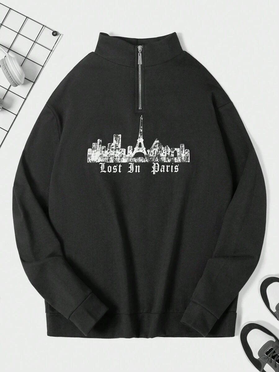 RueChic Men's Letter Print Half Zipper Sweatshirt