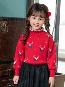 年輕女孩聖誕圖案落肩毛衣 - 紅色 - 查看 1