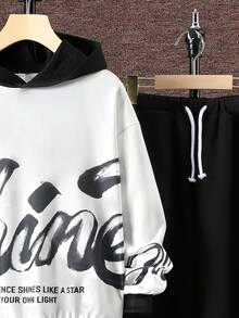 Con trai Lỏng lẻo phù hợp áo có mũ Màu sắc Chặn , Slogan & In Hoodie Và Quần thể thao Hai chiếc Bộ - Đen và trắng - Xem 4