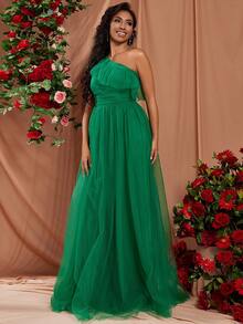 單肩荷葉邊網紗正式洋裝 - 綠色 - 查看 6