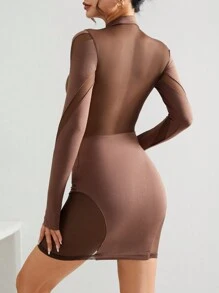 SHEIN PETITE 網紗拼接拼接小高領緊身洋裝 - 棕色 - 查看 2