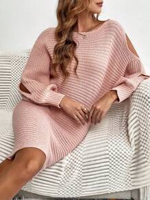 SHEIN Clasi 女性鏤空袖毛衣洋裝 - 粉色 - 查看 2