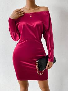 SHEIN Allurite 一字肩蝙蝠袖緊身洋裝 - 酒紅色 - 查看 6