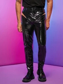 FeverCity Men Cut Out PU Leather Pants - Black - View 1