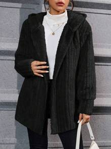 SHEIN Essnce Áo khoác nữ vải nỉ kaki in màu Sherpa cổ bẻ cài nút phía trước có mũ trùm đầu thường ngày - màu đen - Xem 5