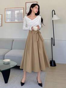 DAZY Solid Belted Flare Skirt - Khaki - View 5