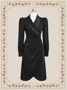 Vintamour Shawl Collar Puff Sleeve Wrap Hem Dress - Black - View 1