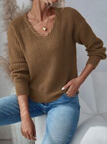 SHEIN LUNE Suéter de Tricô com Ombros Caídos Sólido para Outono e Inverno - Caqui - Visão 3